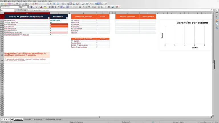 Vista previa de Control de garantías de reparación en Excel