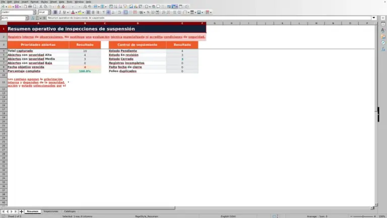 Vista previa de Diagnóstico de suspensión en Excel para inspecciones