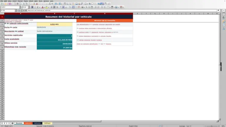 Vista previa de Historial de reparaciones por vehículo en Excel
