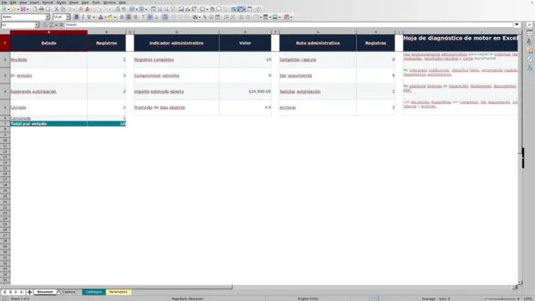 Vista previa de Hoja de diagnóstico de motor en Excel