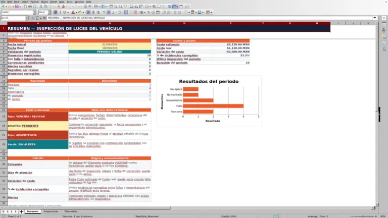 Vista previa de Inspección de luces del vehículo en Excel