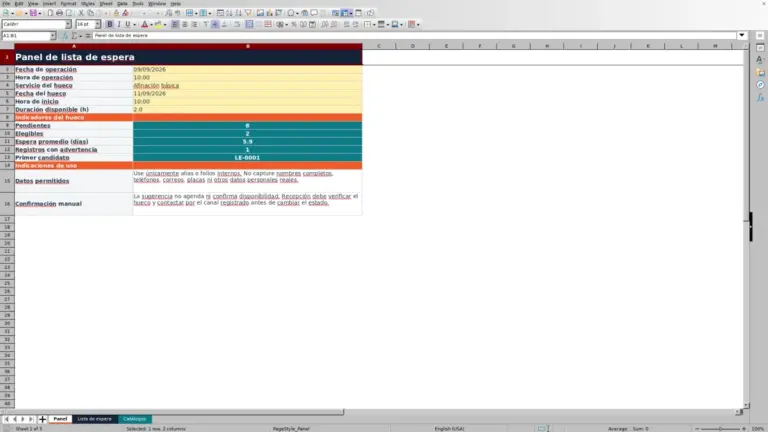 Vista previa de Lista de espera de servicios del taller en Excel