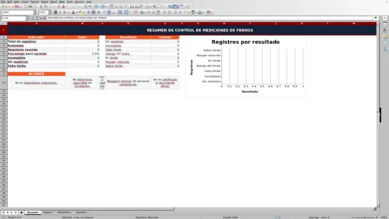 Vista previa de Medición de discos y pastillas de freno en Excel