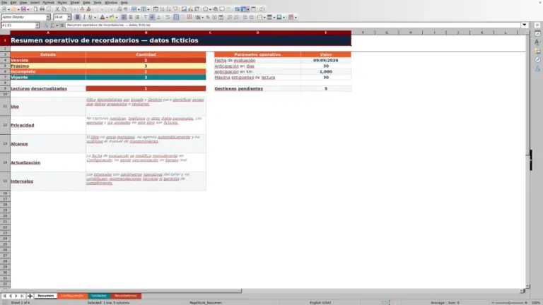 Vista previa de Recordatorio de próximo servicio en Excel