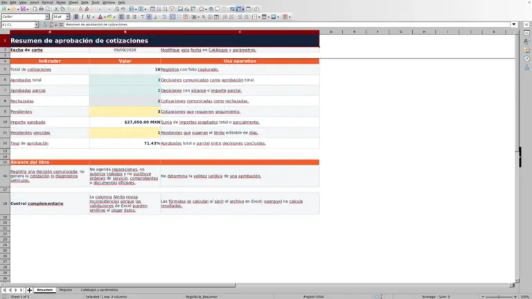 Vista previa de Registro de aprobación de cotizaciones en Excel