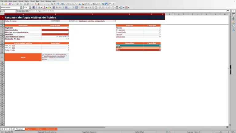 Vista previa de Registro de fugas de fluidos en Excel