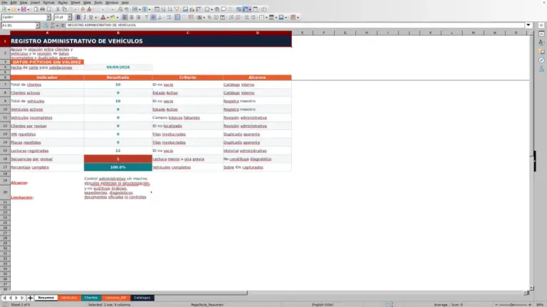 Vista previa de Registro de vehículos de clientes en Excel