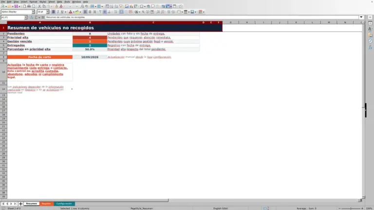 Vista previa de Registro de vehículos no recogidos en Excel